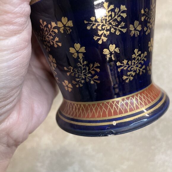 Pair of Vintage Satsuma Pottery Vases 7.5” Floral Blue Gold Signed - Picture 9 of 11